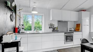 Fridge, stovetop, dishwasher, coffee/tea maker