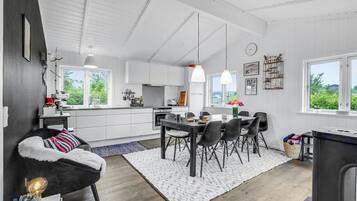 Fridge, stovetop, dishwasher, coffee/tea maker