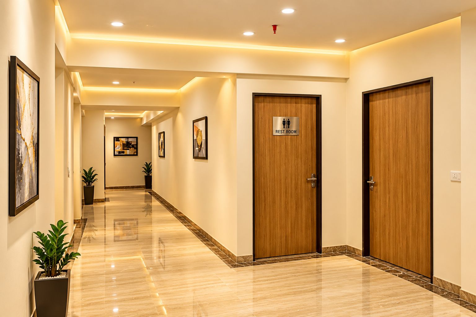 A hotel corridor with wooden doors, a sign indicating a rest room, and framed artwork on the walls.