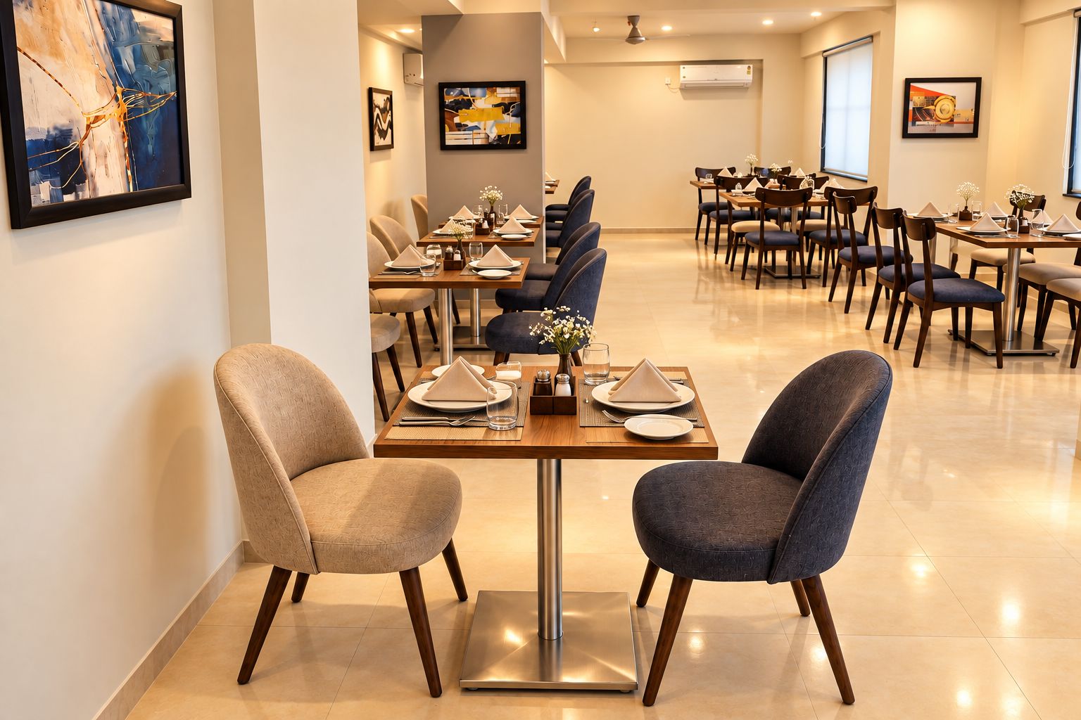 Un comedor con mesas dispuestas para cuatro, sillas y obras de arte en las paredes.