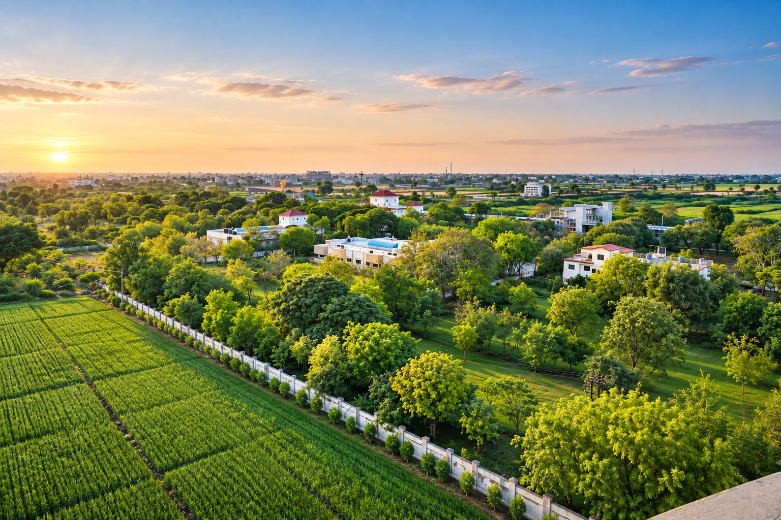 Un quartier résidentiel avec des maisons, des champs verdoyants et un ciel dégagé.