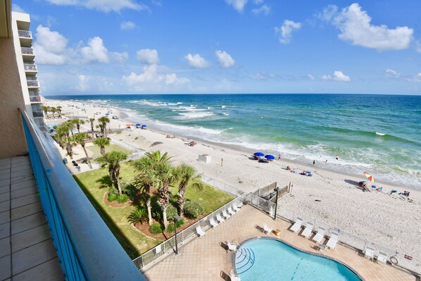 Enjoy an ocean view from the balcony, with the pool and beach at your doorstep.