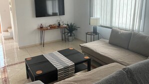 Un salon avec un canapé, une table basse, un téléviseur et un ventilateur de plafond.