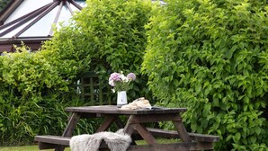 Ein Holztisch für ein Picknick, mit einem Fellüberwurf, einer Blumenvase und einem Teller Essen, eingebettet in einen Garten.