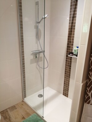 Shower, hair dryer, towels, soap