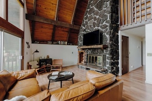 Smart TV, fireplace, books