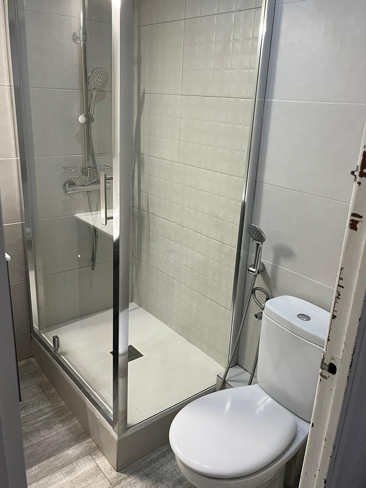 A modern bathroom with a glass-enclosed shower, a white toilet, and tiled walls.