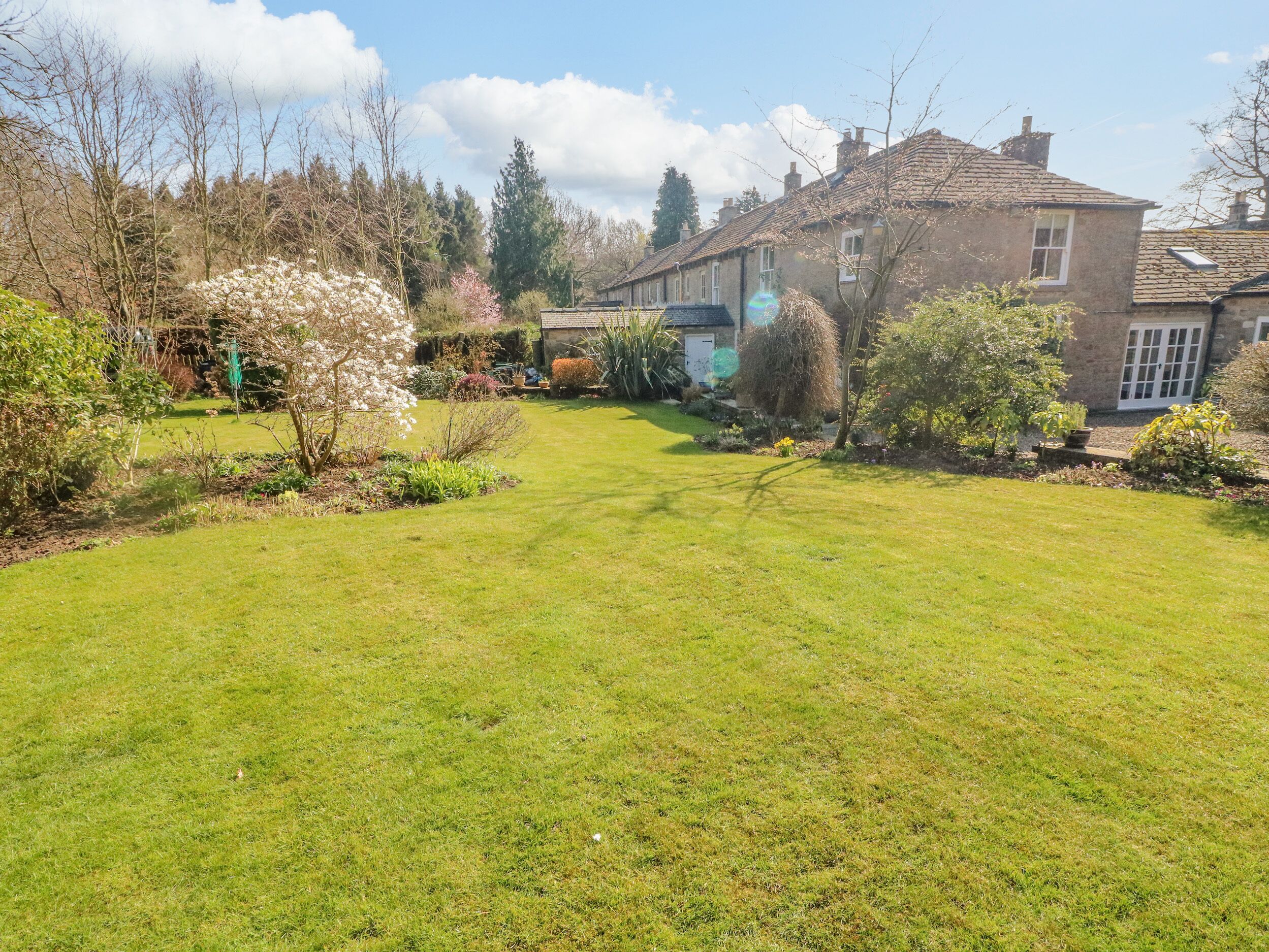 A well-maintained lawn with a house in the background.