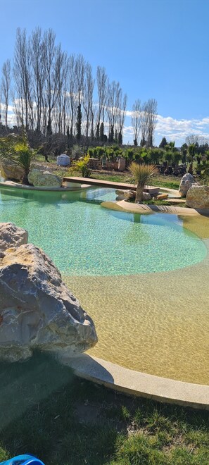 A clear pool with surrounding rocks and sparse vegetation. - Mas Des Cerisiers (Avignon)