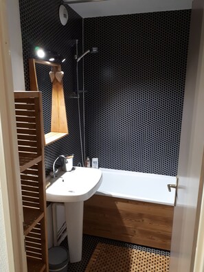 Bathtub, hair dryer, soap, toilet paper