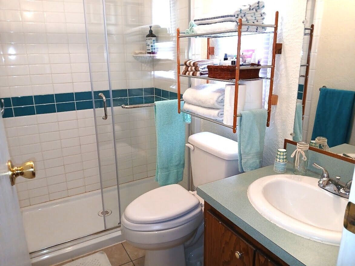 Shower, hair dryer, towels, soap