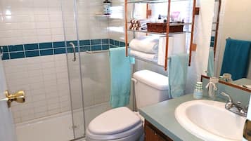 Shower, hair dryer, towels, soap