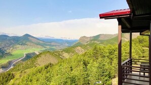 A view from a covered outdoor area with a wooden staircase leading down, overlooking a valley with green hills and a road. - Savsat Kosk Otel (Savsat)