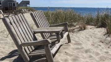 On the beach, sun loungers
