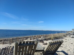 On the beach, sun loungers