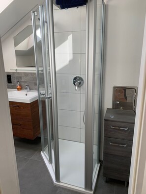 Shower, hair dryer, towels, soap