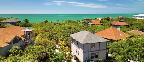 A coastal residential area with houses surrounded by lush greenery and a view of the ocean.