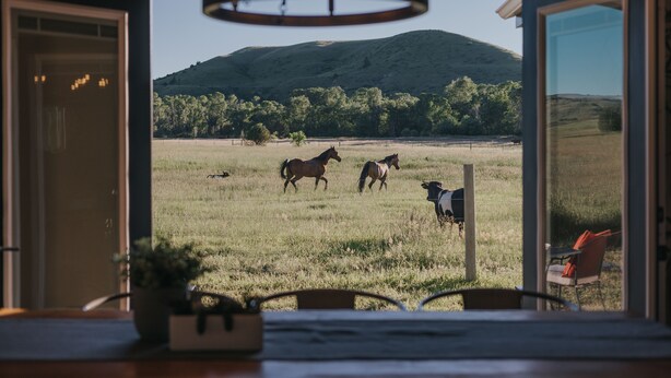 An open door leading to a dining area with a view of horses grazing in a field and a hill in the background. - Big Sky Escape: Spacious Home on Working Ranch (Reed Point)