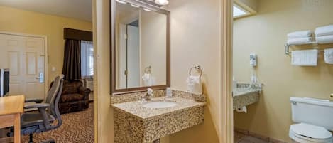 Combined shower/bathtub, hair dryer, towels, soap