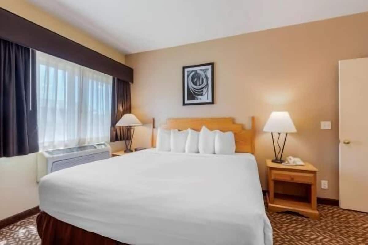 A hotel room with a large bed, two bedside tables with lamps, a framed picture on the wall, and a door.