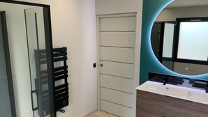 A modern bathroom with a glass shower enclosure, a white door, a vanity with a mirror, and a teal accent wall.