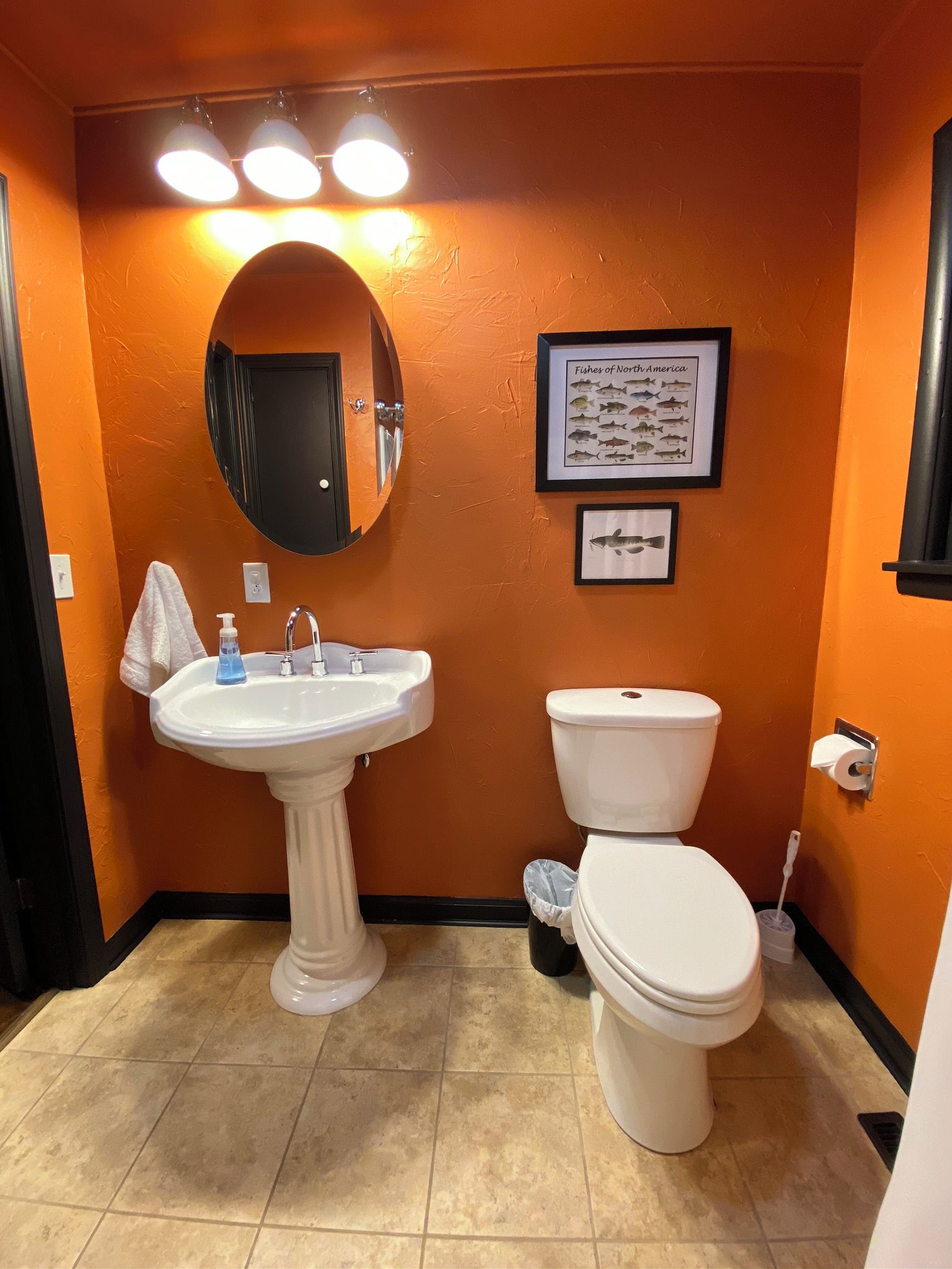 Un baño con lavamanos pedestal, inodoro e ilustración enmarcada de un pez en la pared.