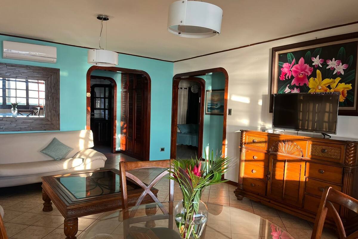 A living room with a glass coffee table, wooden chairs, a sofa, a TV on a wooden cabinet, and a painting of flowers.
