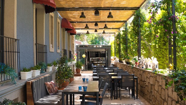 An outdoor dining area with tables and chairs, surrounded by potted plants and a stone wall. - Cati Hotel Boutique Plus (Cesme)