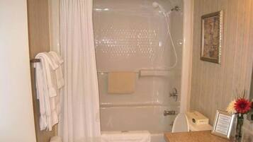 Combined shower/tub, hair dryer, towels, soap
