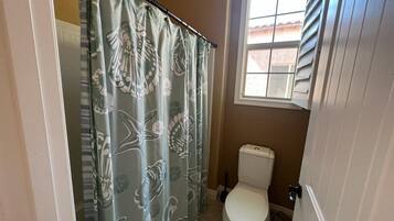 Combined shower/tub, hair dryer, towels, soap