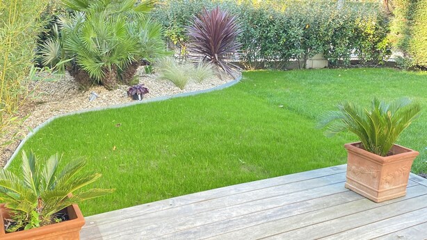 Una terraza de madera con un césped cuidado y varias plantas en macetas.