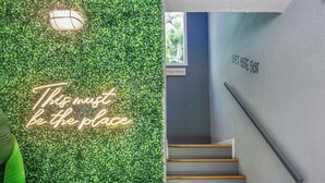 A staircase with a handrail and a wall with a green foliage wall and a neon sign saying "This must be the place". - NEW!The Hideaway~Pool~Pickleball~Putt-Putt~Kayaks! (Marathon)