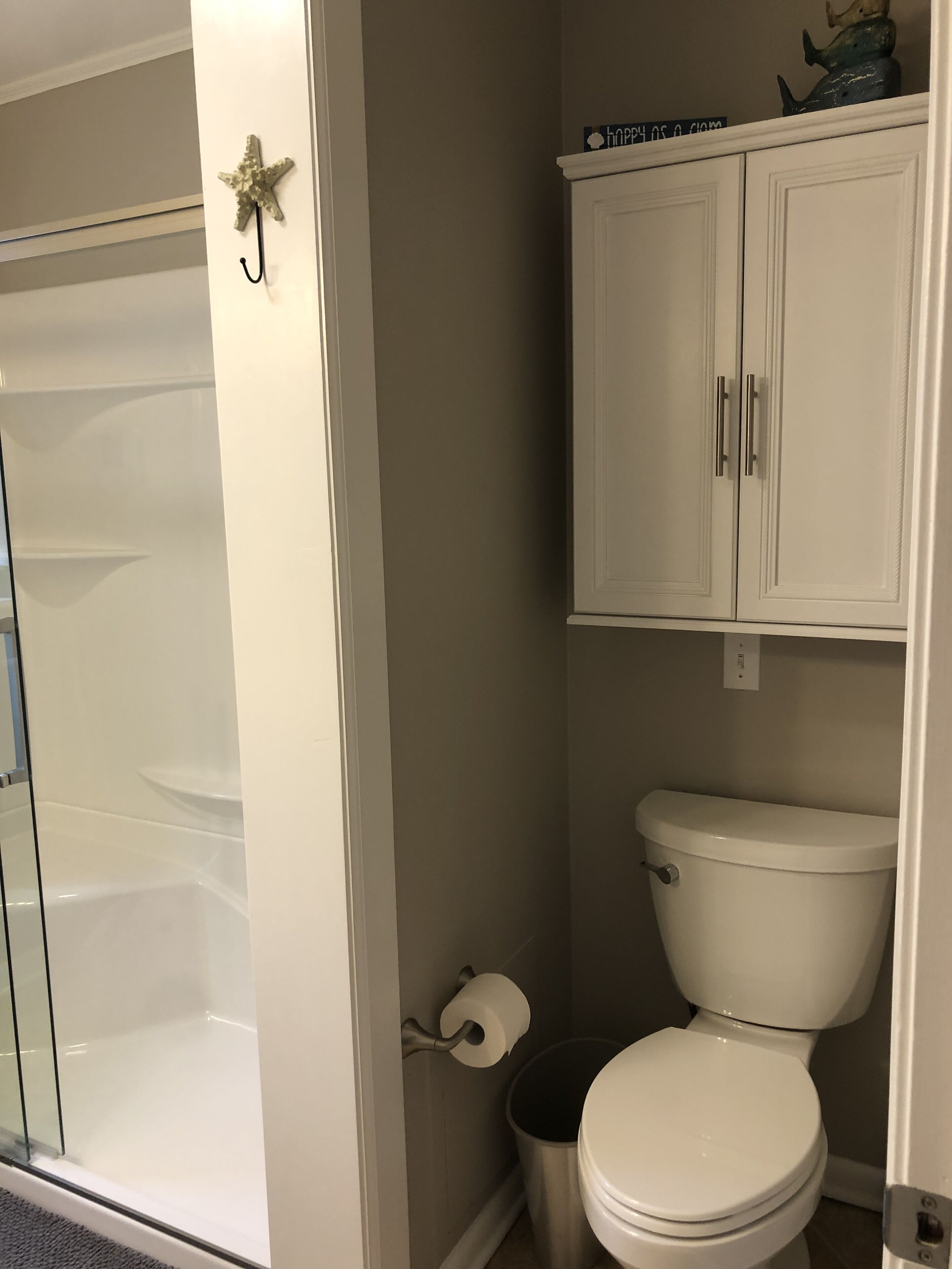 A bathroom with a glass shower enclosure, a toilet, and a cabinet above the toilet.
