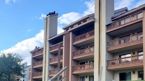 Un immeuble à plusieurs étages doté de balcons en bois et d’un escalier menant à l’entrée.