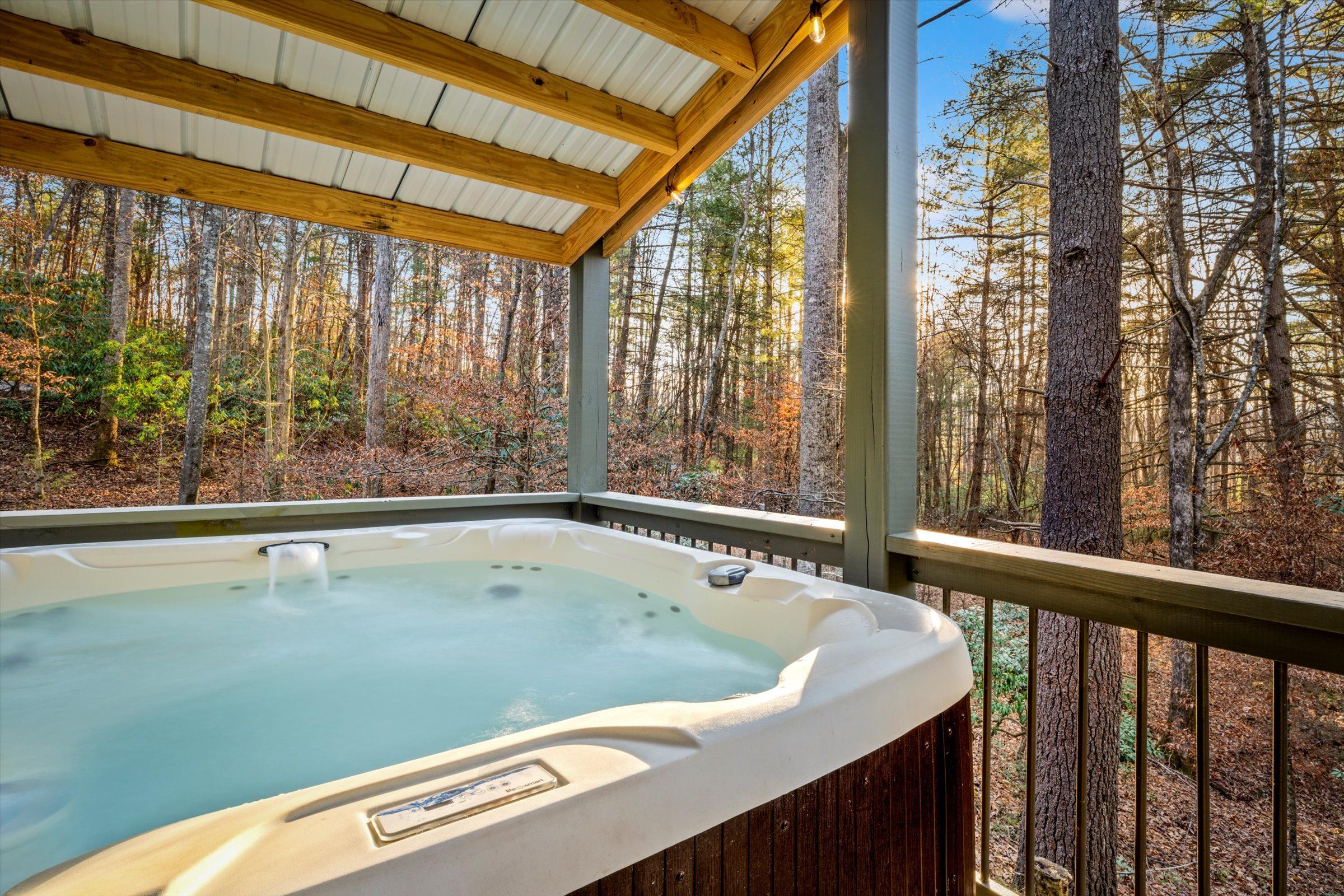 Un jacuzzi en un espacio exterior cubierto con vistas a un bosque.