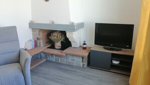 A living room with a fireplace, a flat-screen TV, and a grey sofa. - Detached house near beach and shops (Barbâtre)