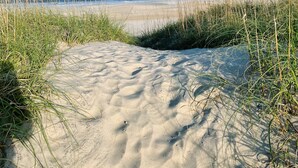 Ein sandiger Strand mit Gras im Vordergrund und einem klaren, blauen Himmel.