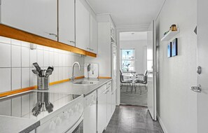 Fridge, stovetop, dishwasher, coffee/tea maker