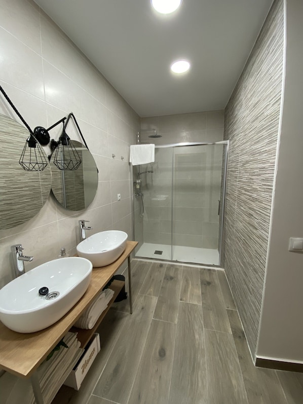 Shower, free toiletries, hair dryer