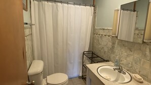 A bathroom with a toilet, sink, and shower curtain. - Cozy house/attached garage close to Lucas Oil Race Track and Pomme De Terre Lake (Wheatland)