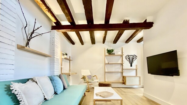 Un salon moderne avec un canapé de couleur turquoise, des étagères en bois, un téléviseur à écran plat et une structure de poutres apparentes en bois au plafond.