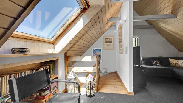 A loft bedroom with a skylight, wooden beams, a sofa, a bookshelf, and a ladder.