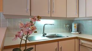 Une cuisine équipée d’un évier, d’une machine à café et d’une orchidée en pot.