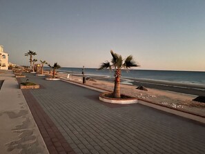 A paved walkway with palm trees and a beach in the background. - Villa 8 A Great Place to Relax and Create Great Memories! (Puerto Peñasco)