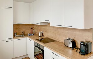 Fridge, stovetop, dishwasher, coffee/tea maker