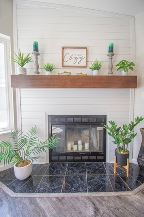 Une cheminée surmontée d’une étagère où sont disposés des objets décoratifs et des plantes.