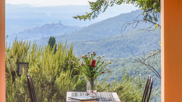 Taula amb un ram de flors i un menú, amb un paisatge de muntanya de fons.