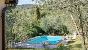 Una piscina amb gandules i un camí de pedra.