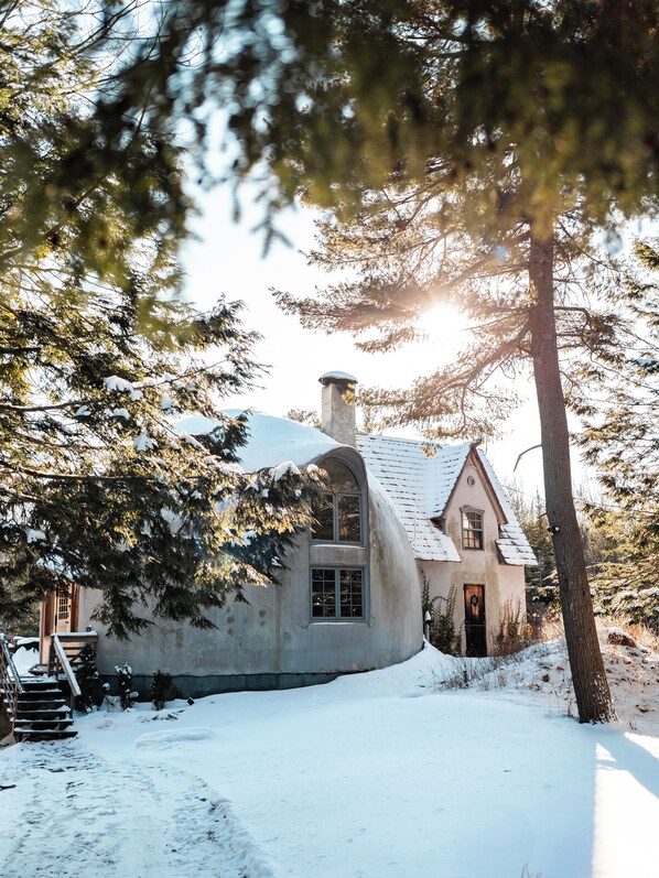 A snow-covered house with a unique curved roof, surrounded by trees and a snow-covered ground.