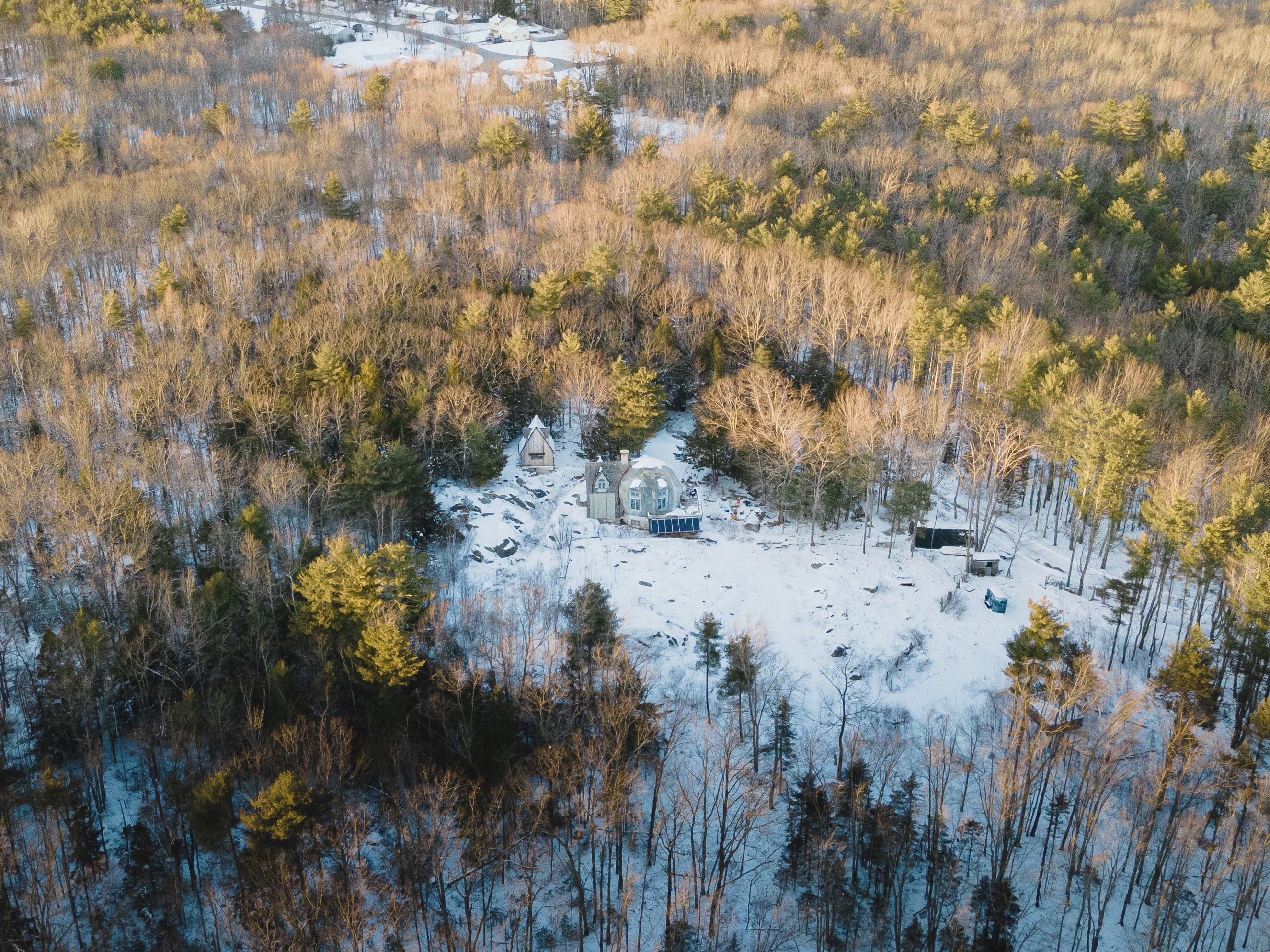 Una cabaña aislada rodeada de un bosque nevado.